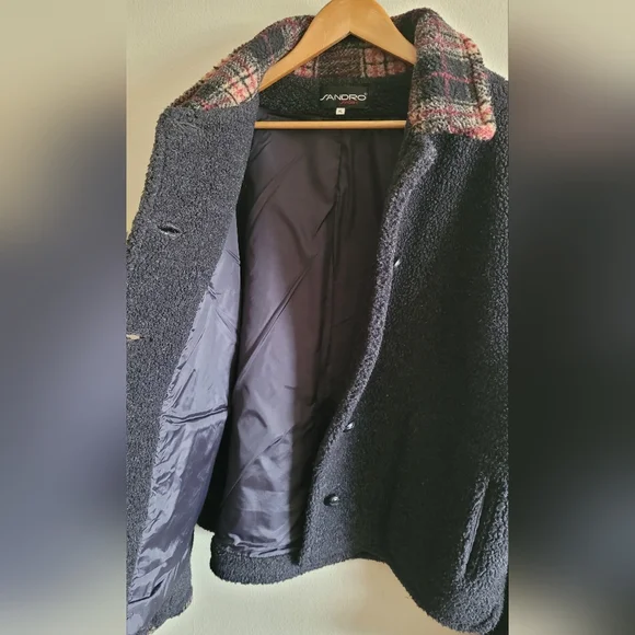 Vtg Sandro Oversized Button Down Teddy Jacket Women's XL, Black, Plaid Collar